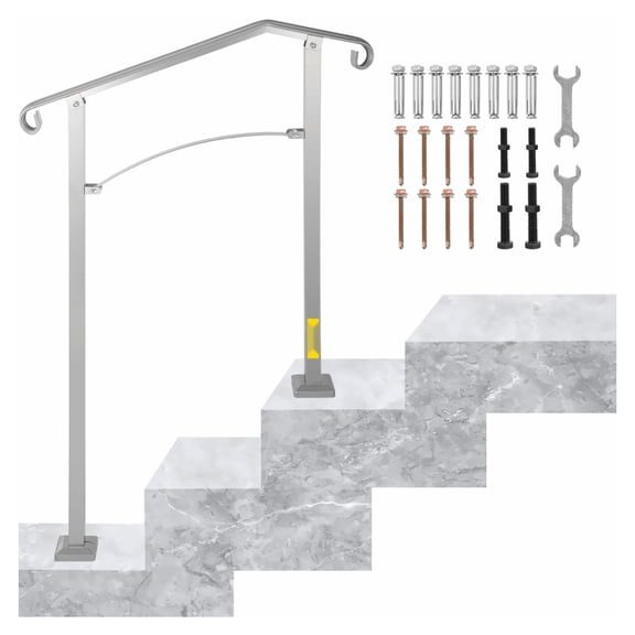 Outdoor Stair Railing, Alloy Metal Handrail for 2-3 Steps, Porch Handrail for Steps, Arch Rail Kit for Concrete/Wood Stairs, Silver