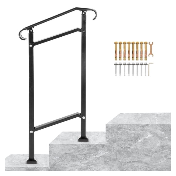 Outdoor Stair Railing for 1-2 Steps, Wrought Iron Handrail, Adjustable Black Hand Rail for Porch Steps, Concrete or Wood, with Install Kit