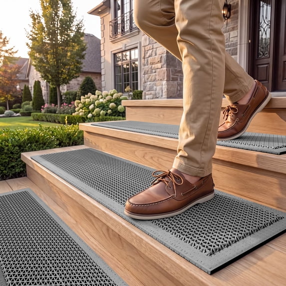 Outdoor Stair Treads Non Slip, Rubber Self Draining Step Mats for Steps, Heavy Duty Waterproof Stair Covers, Black 8"x30" 5 Pack, Gray