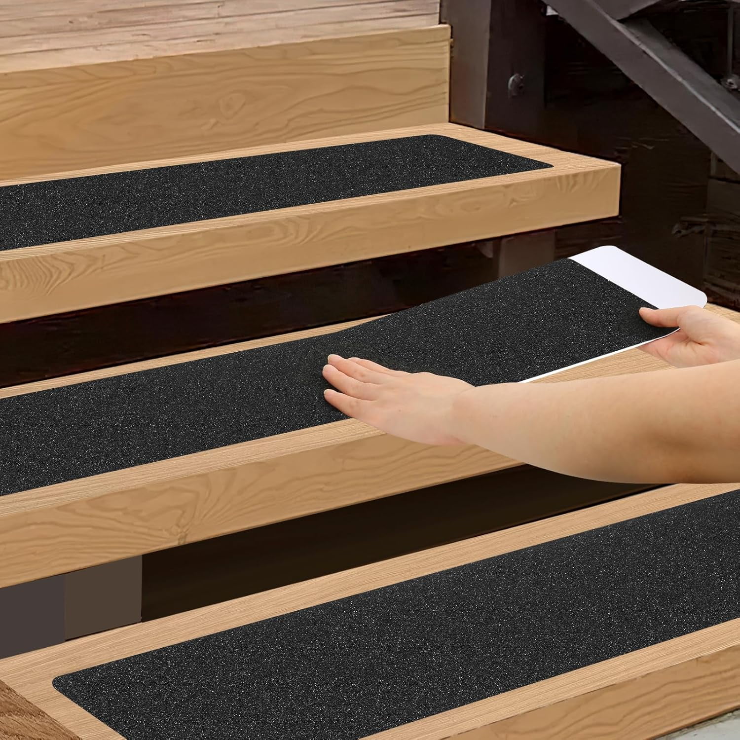 Outdoor Stair Treads Non-Slip Step Strips for Wooden Steps 5 Pack 6” x 24” Anti Slip Grip Tape Precut Outside Stairs, Non Skid Tread Mats Weather Resistant Outdoors, Black