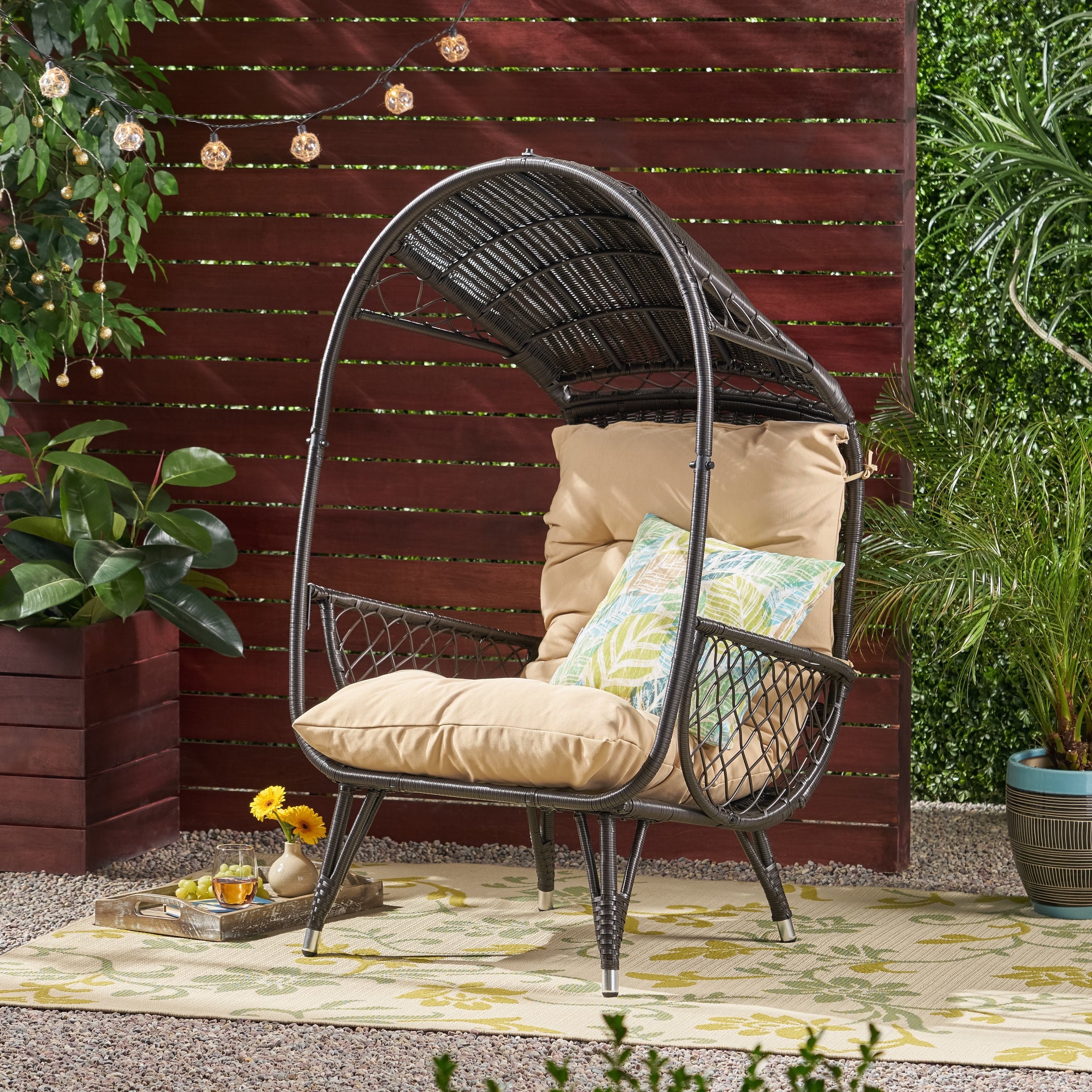 Outdoor Standing Basket Style Leisure Chair, Wicker Weave Single Relaxing Seat for Patio Garden, Button and Beige