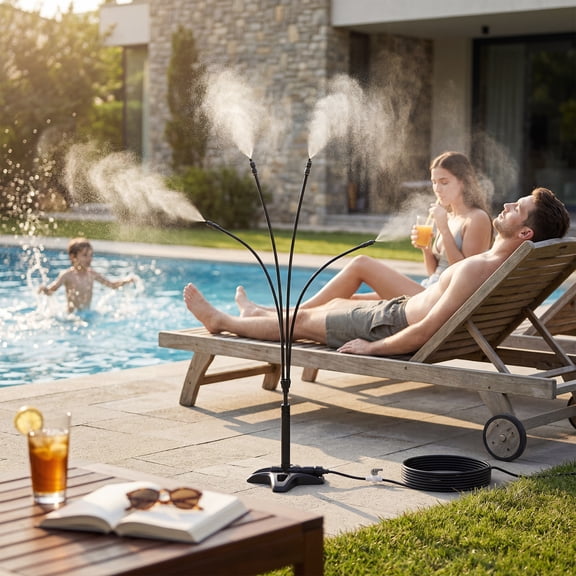 Outdoor Standing Mister, 4 Adjustable Mist Heads with 29FT Hose, Freestanding Patio Misting System with Built-in Switch, Connect Multiple Misters for Backyard, BBQ, Poolside Cooling