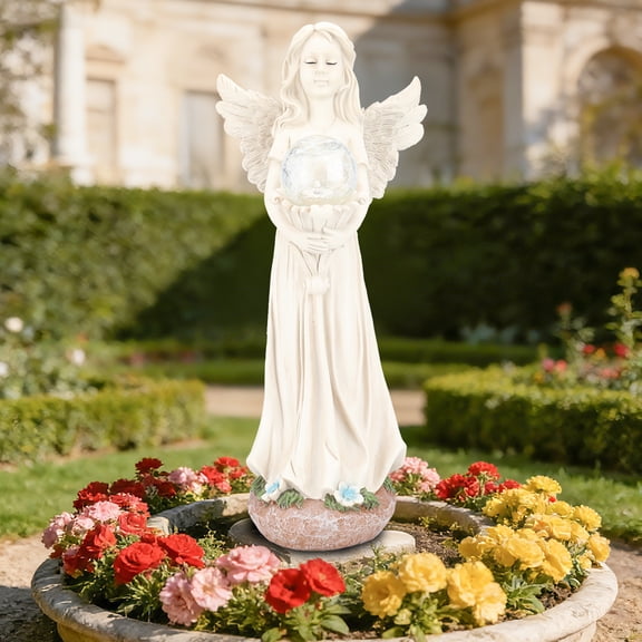 Outdoor Statue,Angel Garden Statue with Solar Crackle Globe – Serene Resin Decor with LED Light for Patio, Lawn & Outdoor Spaces