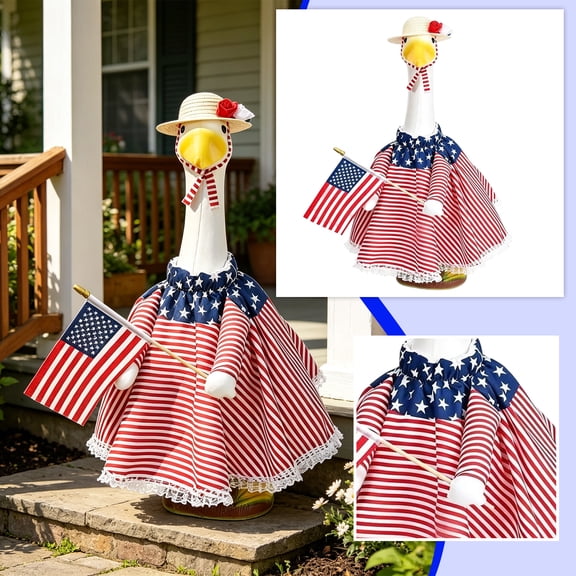Outdoor Statue Kit, 4Th of July Goose Outfit, Porch Goose 4Th of July Outfits, Fourth of July Yard Decorations, 23X16 Inch Star Spangled Striped Goose Dress with Straw Hat for