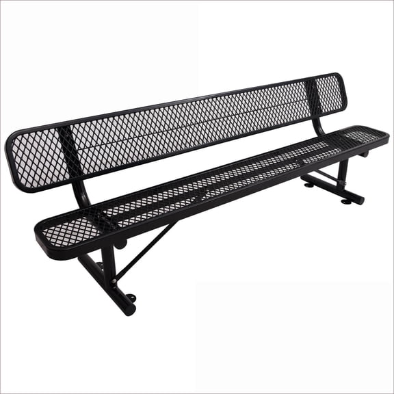 Outdoor Steel Bench | 8 ft with Backrest for Patio Garden Deck Park Porch, Industrial Powder Coated Steel | Black | Slat Back