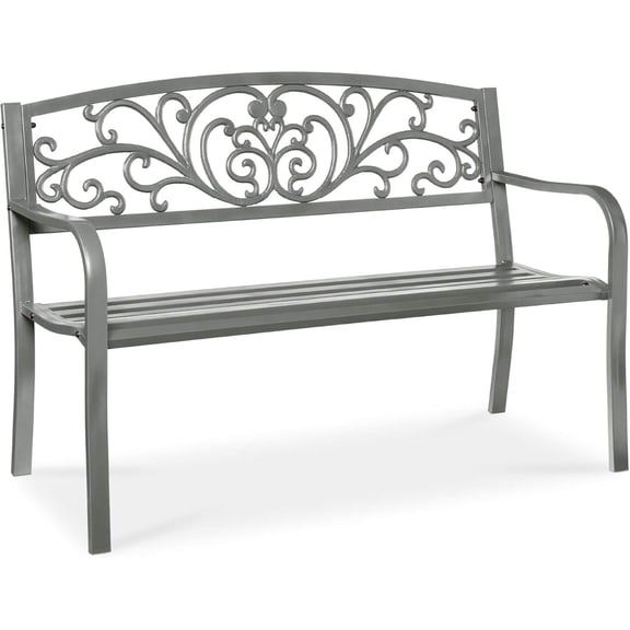 Outdoor Steel Garden Bench with Floral Backrest and Slatted Seat - Gray