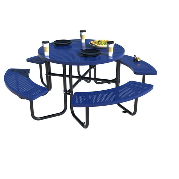 Outdoor Steel Picnic Dining Set 46" Round Table+4 Benches for 8 People Camping