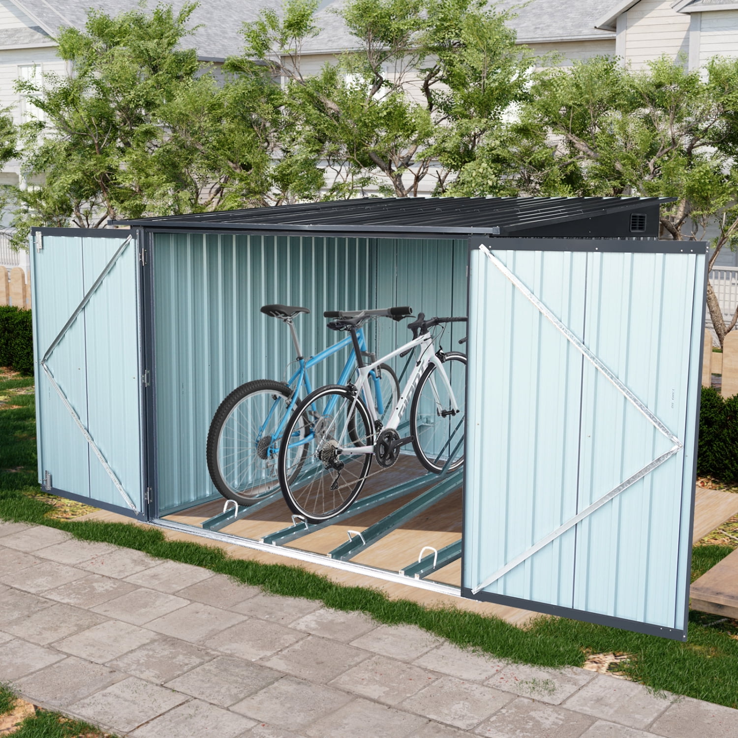 Outdoor Steel Storage Shed For Bicycle with Slope Roof and 4 Bike — free download