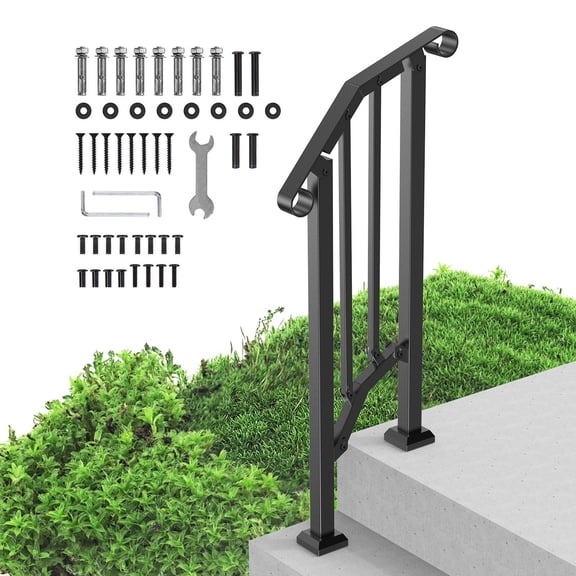 Outdoor Step Handrail Kit 1 to 2 Steps Carbon Steel Black Arch Rail for Seniors Concrete Porch Deck with Installation Hardware