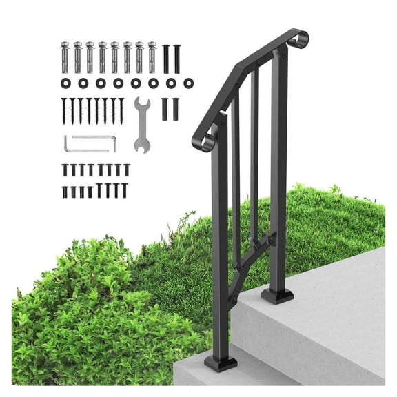 Outdoor Step Handrails - 1-2 Step Stair Rail Kit, Carbon Steel Railing for Seniors, Porch & Deck - Black Arch