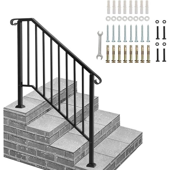 Outdoor Step Safety Railing, Black Wrought Iron for 3/4 Steps - Easy Install Handrail for Concrete & Wood