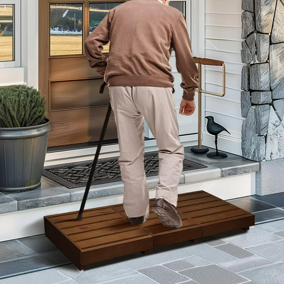 Outdoor Steps 3.5'' Height, Wooden Step Platform 35” Length, Step Stool with Non Slip Pads, Step for Outside, Wooden Platform for Bathroom, Kitchen, Bed(Dark Brown)