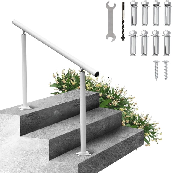 Outdoor Steps Handrail, 2-3 Steps White Round Adjustable Aluminum Staircase Railing for Porch & Deck