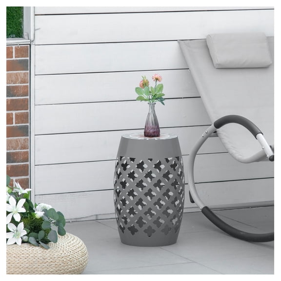 Outdoor Stool 12 Inch Round Mosaic Patio Side Table, Garden Plant Stand, Decorative Accent Seating for Balcony, Gray