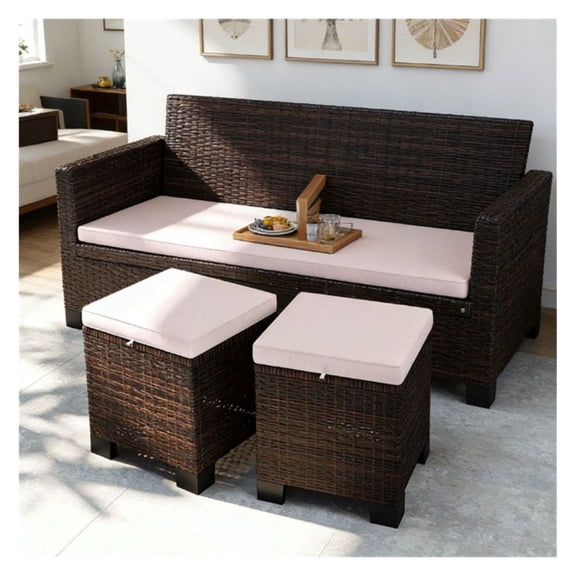 Outdoor Stool Set of 2, Rattan Footrest with Cushions - Cream Patio Ottomans for Deck, Garden, Porch - Weather Resistant Foot Stools, Side Tables