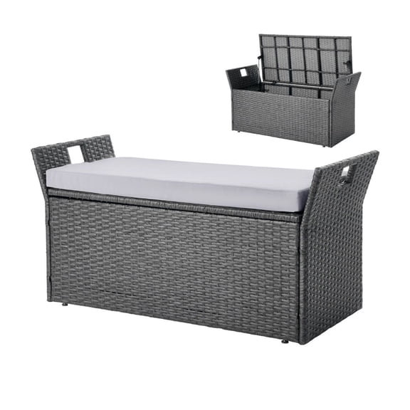 Outdoor Storage Bench, 2-Person PE Rattan Bench, 40 Gal Deck Box with Cushion, Weatherproof Patio Seating & Storage