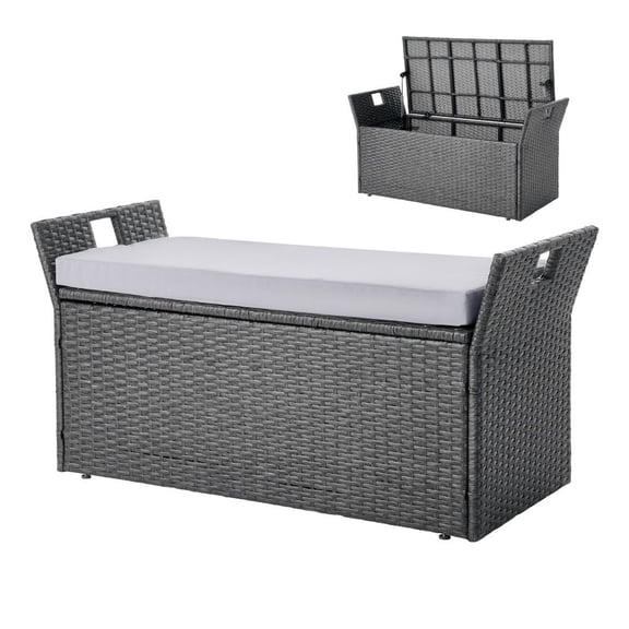 Outdoor Storage Bench, 2-Person PE Rattan Storage Bench, 40 Gal Deck Box with Cushion & Side Handle, Supports up to 400 lbs, Weatherproof Outdoor Seating & Porch Decor for Patio Garden Balcony