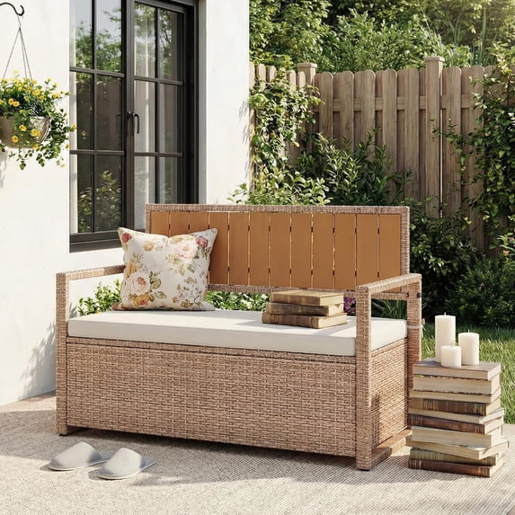 Outdoor Storage Bench, All-Weather PE Rattan Deck Box with Seat, Wicker Patio Furniture for Cushions, Garden Tools, Pool Accessories, Water-Resistant and Durable (Yellow Wicker & Beige Cushions)