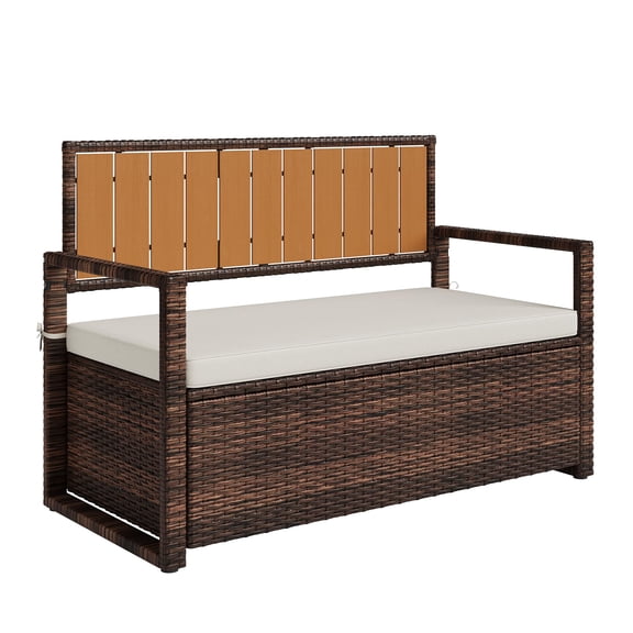 Outdoor Storage Bench with Cushion, 2-Seater PE Rattan Storage Box with Backrest & Armrests, 75 Gallon, 400 lbs Capacity Weatherproof Patio Bench for Garden, Balcony, Porch, Pool