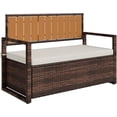 thumbnail image 1 of Outdoor Storage Bench with Cushion, PE Rattan Patio Bench with Backrest, Armrests and Metal Frame, Waterproof Deck Box Seat for Porch, Backyard & Poolside, Dark Brown, 1 of 8