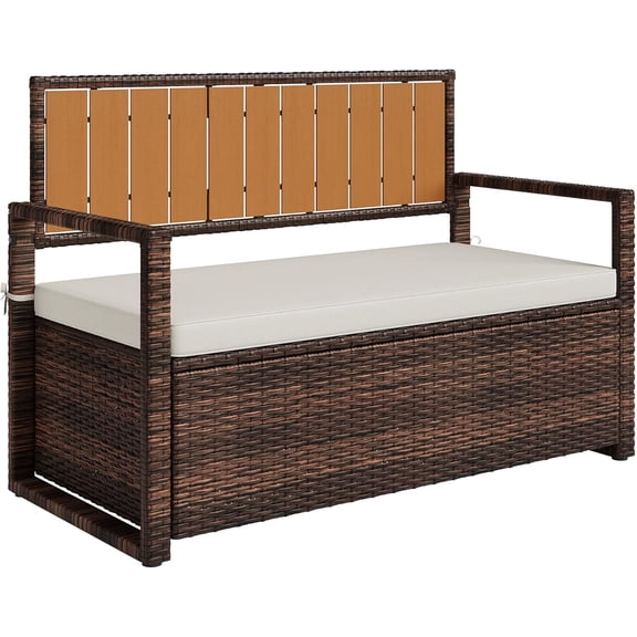 Outdoor Storage Bench with Cushion, PE Rattan Patio Bench with Backrest, Armrests and Metal Frame, Waterproof Deck Box Seat for Porch, Backyard & Poolside, Dark Brown