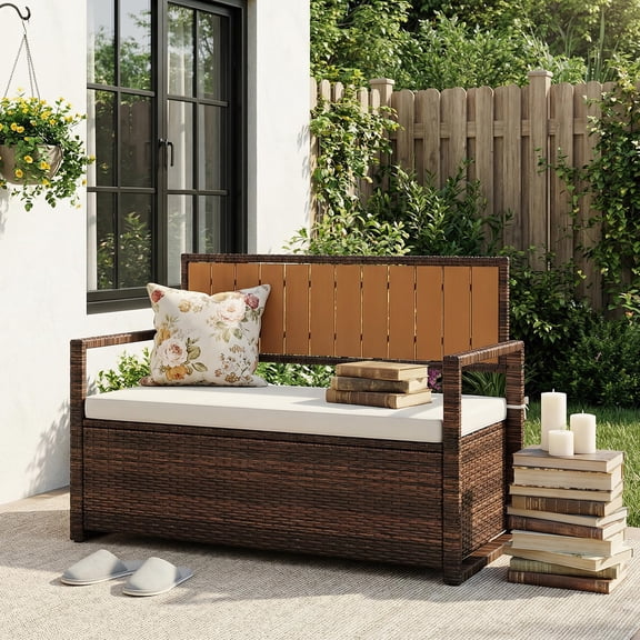 Outdoor Storage Bench with Cushion, PE Rattan Patio Bench with Backrest, Armrests and Metal Frame, Waterproof Deck Box Seat for Porch, Backyard & Poolside, Dark Brown