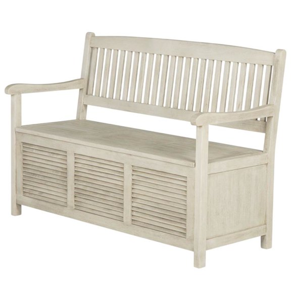 Outdoor Storage Bench In Distressed White, Galvanized Steel Frame, Metal Casters
