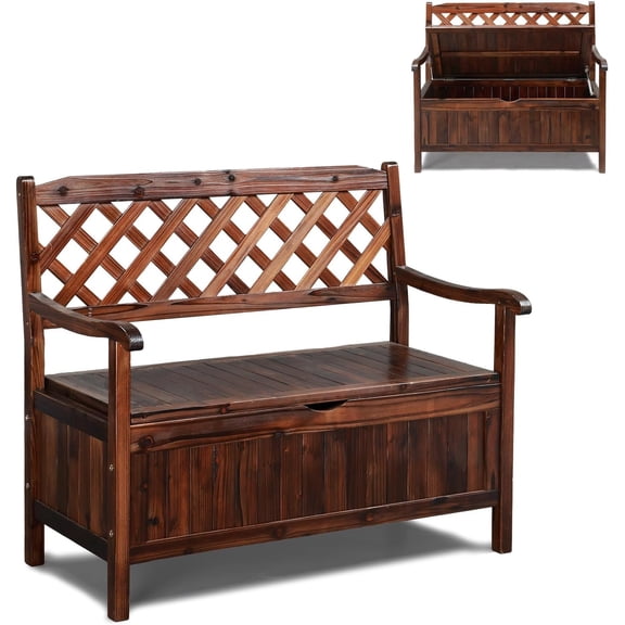Outdoor Storage Bench, Large Wood Deck Box with Seating, Weatherproof Outdoor Bench with Storage Loveseat, 2-Person Wooden Patio Bench for Entryway, Backyard, Garden