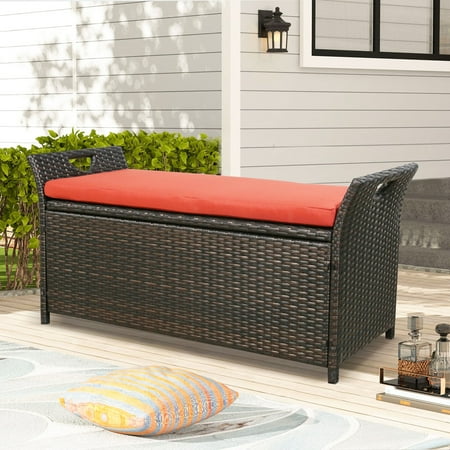 Outdoor Storage Bench Rattan Style Deck Box w/Cushion Red