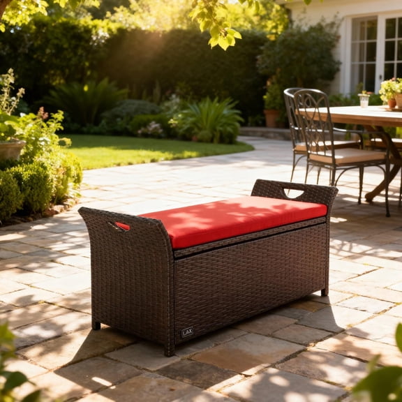 Outdoor Storage Bench Rattan Style Deck Box w/Cushion