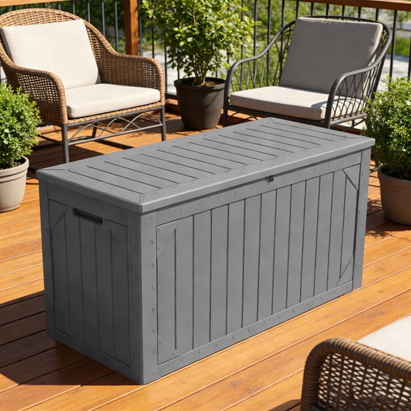 100 Gallon Outdoor Storage Box, Lockable Resin Deck Organizer for Patio Cushions, Garden Tools, and Yard Equipment - Gray