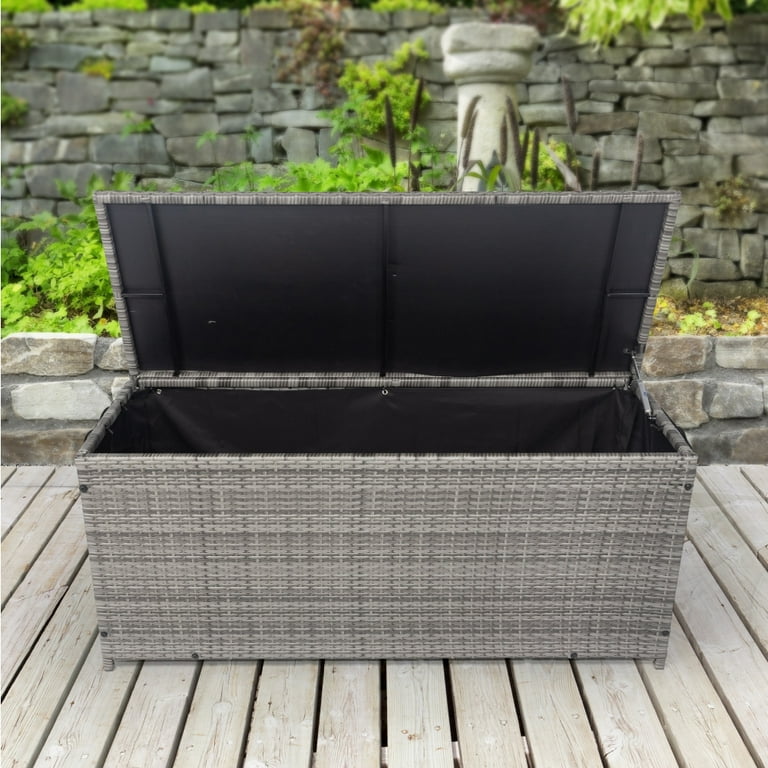 Outdoor Storage Box, 113 Gallon Wicker Patio Deck Boxes with Hinged Lid,  Outdoor Cushion Storage Container Bin Chest for Kids Toys, Pillows, Towel 