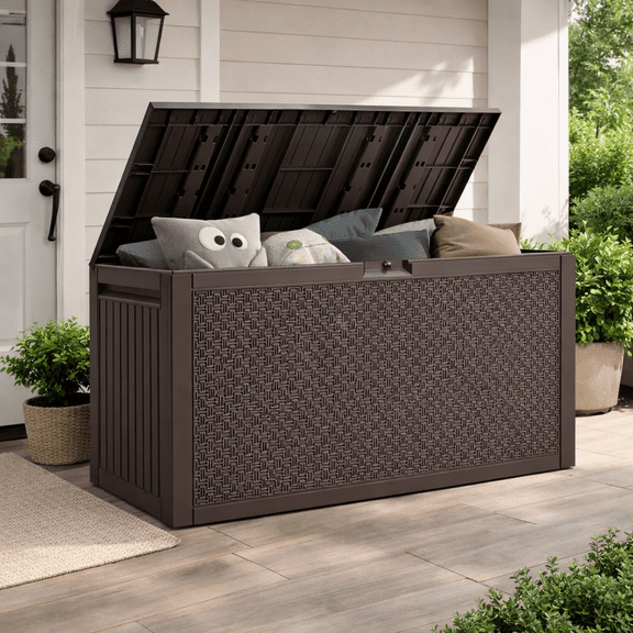 Seizeen Outdoor Storage Box Clearance, 90Gal Resin Deck Box Waterproof on Clearance, Pool Storage Bench Max 485LBS, Plastic Delivery Boxes for Outside Patio Garden, Brown