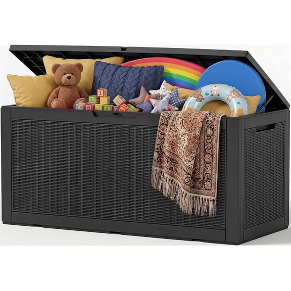 Outdoor Storage Box, 170 Gal Waterproof Resin Deck Box w/Support Rod | UV Resistant Lockable Package Delivery Bin, Shoe, Patio & Garden Tools Storage, Toy Cabinet, Ottoman, Indoor/Outdoor