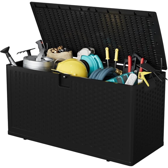 Outdoor Storage Box, 73 gal Large Waterproof Resin Deck Box Indoor Outdoor Use, Lockable UV Resistant Storage Bin for Patio, Garden, Cushions, Tools, Equipment, Black