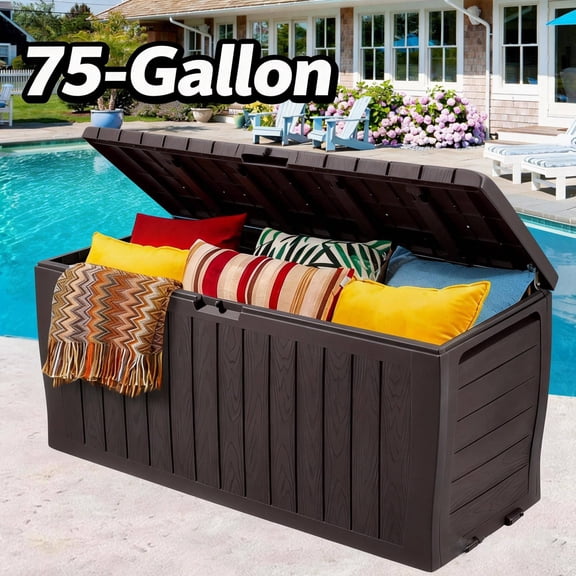 Outdoor Storage Box,75 Gallon Deck Box, Waterproof Resin Patio Storage Box with Wheels, Lockable Outdoor Storage Bench, Large Outdoor Storage Box for Cushions, Garden Tools & Pool Accessories