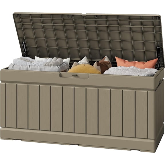 Outdoor Storage Box 82 Gallon with Lid Waterproof UV Resistant Lockable Coffee