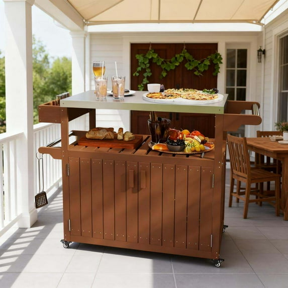 Outdoor Storage Box, Easy to Move Outdoor Table Top,Outdoor Bar Cart with Storage,Wheeled Kitchen Island for Food Prep, Brown,Silver Deck Box,Hdpe,Stainless Steel Deck Box Outdoor