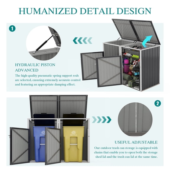 Outdoor Storage Box, Garbage Bin Shed Stores 2 Trash Cans Metal Outdoor Bin Shed for Garbage Storage,54 cubic feet of space,Stainless Galvanized Steel, Bin Shed for Garden Yard Lawn,Grey, Deck Box