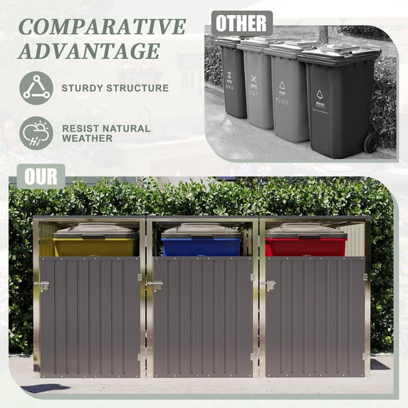 Outdoor Storage Box, Garbage Bin Shed Stores 3 Trash Cans with Pneumatic Support Rod, with Lockable Doors & Waterproof Lid Chain, for Patio,Garden,Backyard,Grey, Light Gray Deck Box,Deck Box Outdoor