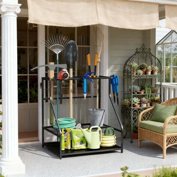 Outdoor Storage Box, Multi-Purpose Garden Tool Organizer,3-Tier Yard Tool Storage Rack,with Hooks for Long-Handled,Broom,Shovel, Black Deck Box,Metal Deck Box Outdoor