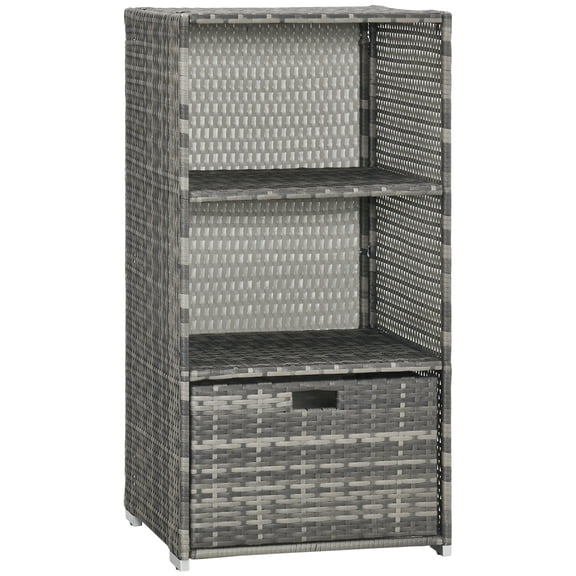 Outdoor Storage Box, Valet Pool Towel Rack, Waterproof PE Plastic Rattan Wicker Storage Organizer, Indoor Outdoor Spa, and Hot Tub Accessory Storage, 2 Shelves, 1 Basket Drawer, Gray, Grey Deck Box