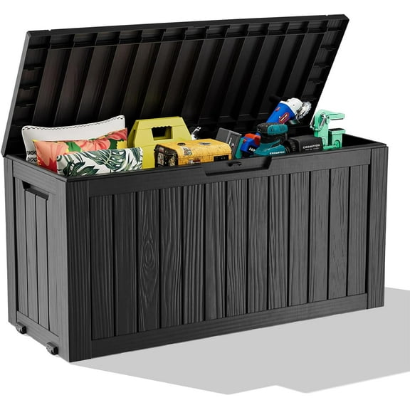 Outdoor Storage Box with Wheels 85 Gallon Mobile Waterproof Resin Deck Box, Lockable Storage for Patio Cushions, Garden Tools, Pool Accessories UV-Resistant Storage Bench for Backyard & Deck