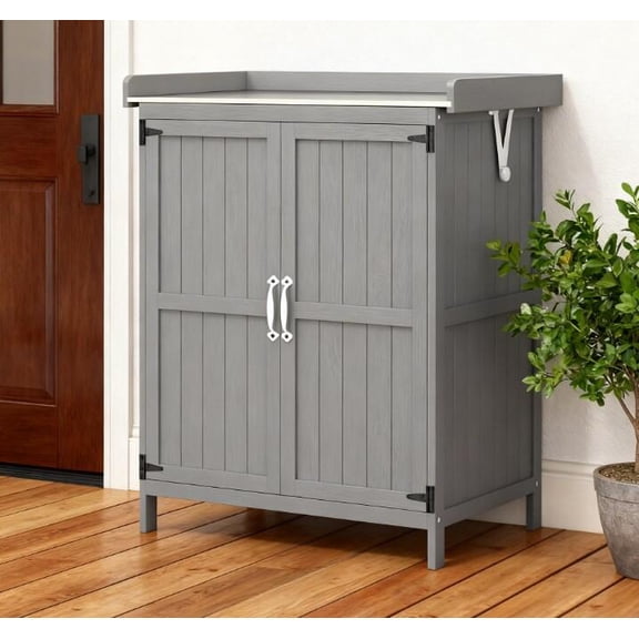 Outdoor Storage Box, Wooden Potting Bench with 2 Doors,Outdoor Storage Cabinet,Garden Tool Shed with Metal Tabletop and Shelf, Grey Deck Box,Stainless Steel,Wood Deck Box Outdoor