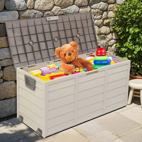 Outdoor Storage Box with 2 Wheels, 75 Gallon Deck Box for Toys & Garden Tools, Beige