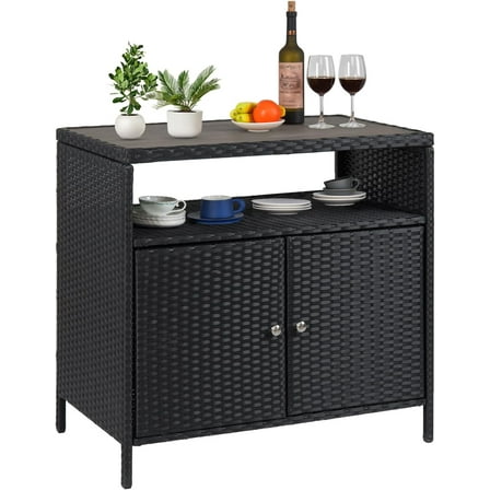 Outdoor Storage Cabinet with 2 Doors & Adjustable Shelf, Weatherproof Rattan Patio Organizer for Poolside, Backyard, Garden | All-Weather Resin Wicker & Powder-Coated Steel, Black+Grey