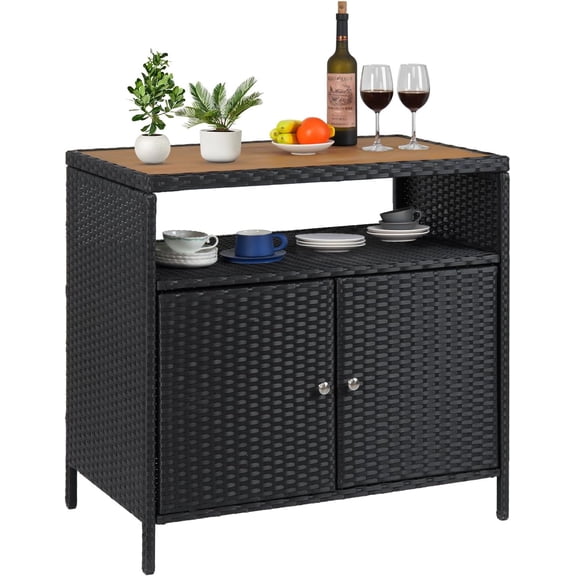 Outdoor Storage Cabinet with 2 Doors & Adjustable Shelf, Weatherproof Rattan Patio Organizer for Poolside, Backyard, Garden | All-Weather Resin Wicker & Powder-Coated Steel, Black + Brown