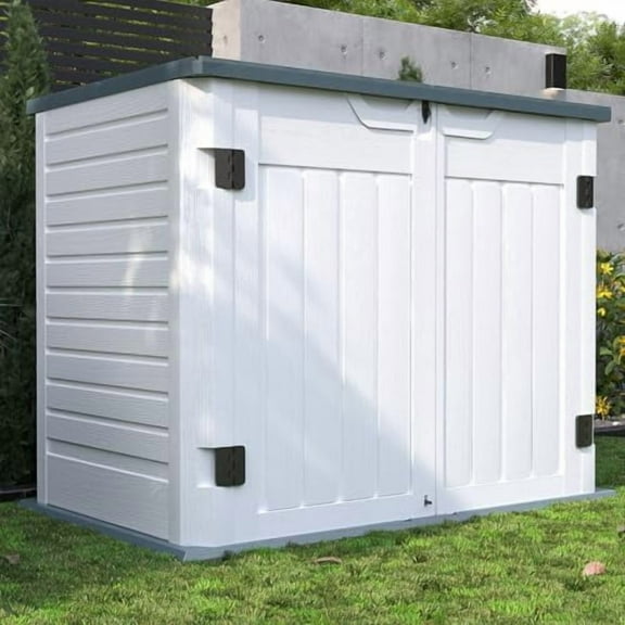 Outdoor Storage Cabinet 35 Cu Ft, Resin Horizontal Outdoor Trash Can Storage Box Lockable Shed 4 x 2 ft for Garbage, Garden Tools, Lawn Mowers