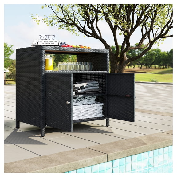 Outdoor Storage Cabinet Acacia Wood Top, Wicker Patio Bar Table, Black 35.4", Pool Towel Storage