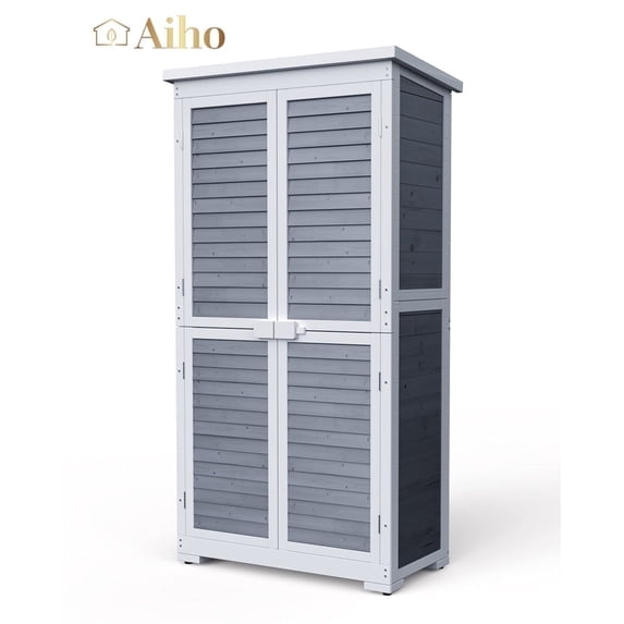 63.2" Outdoor Storage Cabinet with Adjustable Shelves, Aiho Wooden Outdoor Storage Shed with Lockable Double Doors for Backyard, Garden & Patio - Gray